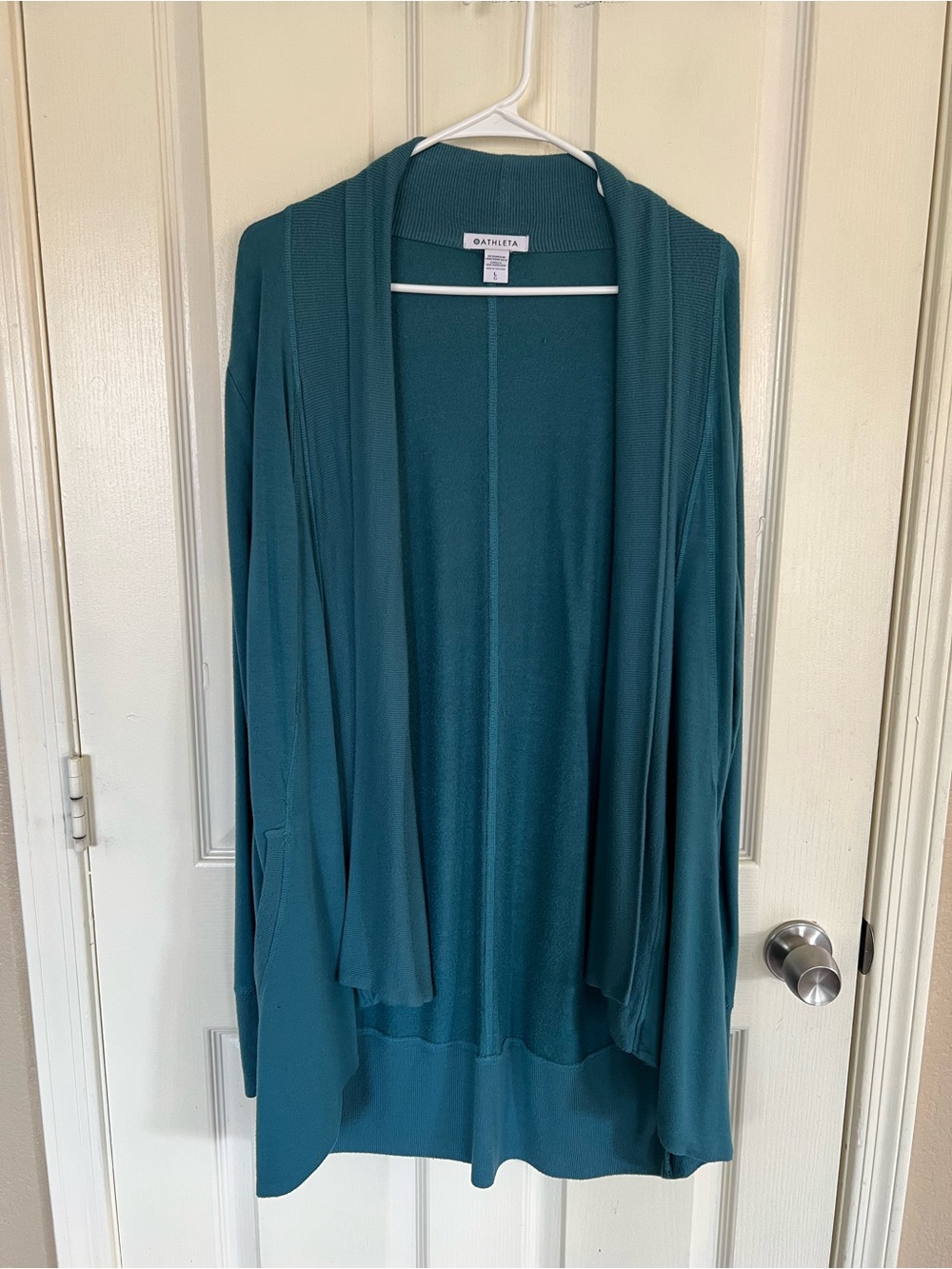 Athleta Pranayama Wrap Cardigan Large Teal Modal Thumbholes Pockets
